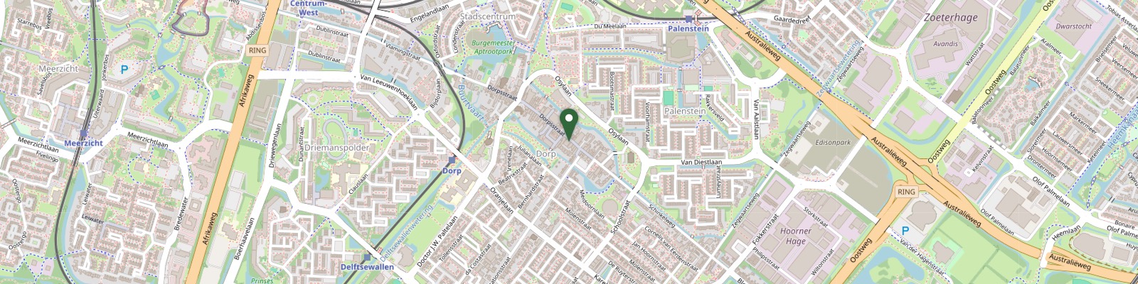 Kaart van Zoetermeer met het kantoor aan de Dorpsstraat 127 A gemarkeerd